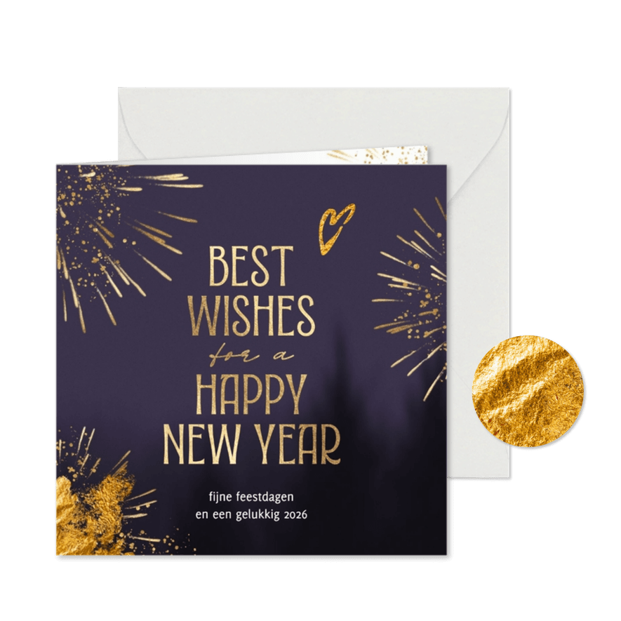 Sjieke nieuwjaarskaart vuurwerk hart 2026 - Kaartimpressie