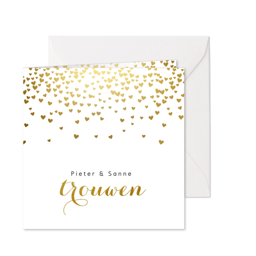 Sjieke trouwkaart gouden hartjes - Kaartimpressie