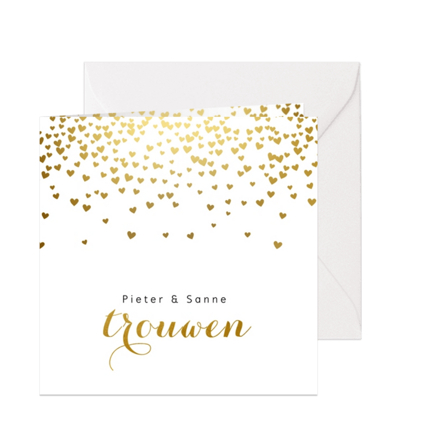 Sjieke trouwkaart gouden hartjes - Kaartimpressie