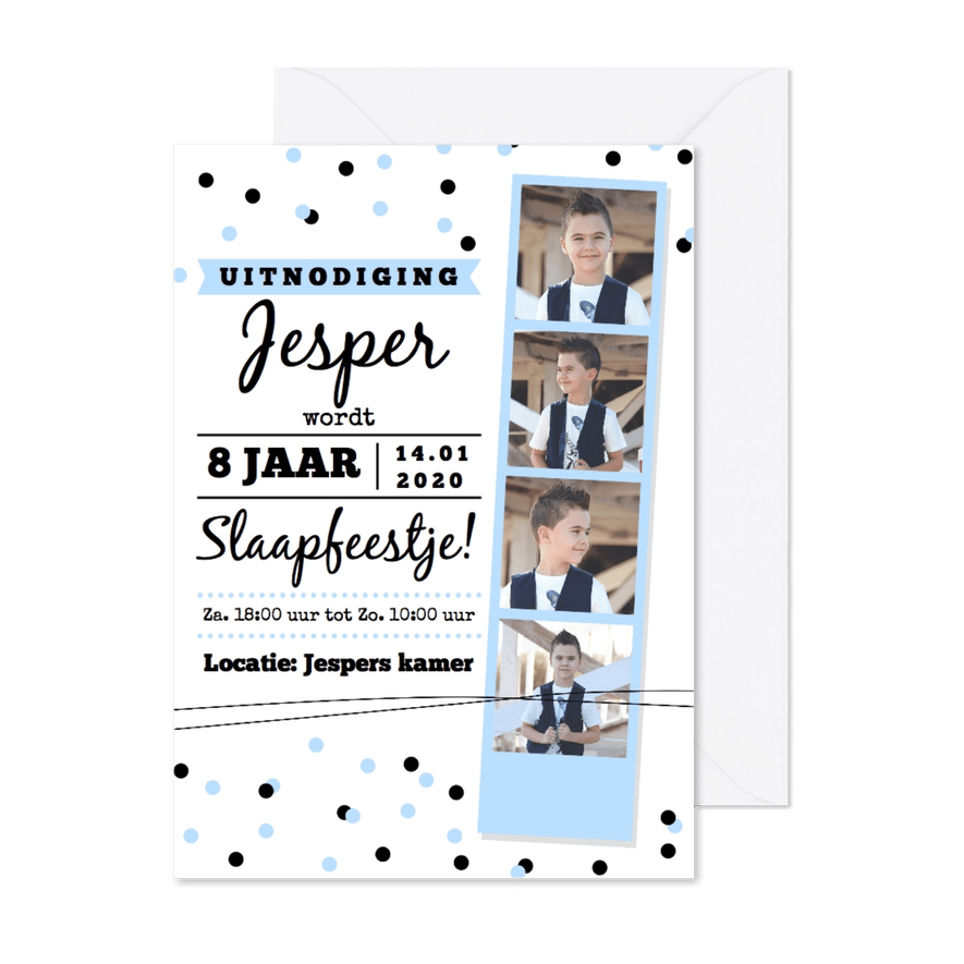Slaapfeestje fotostrip blauw jongen - Kaartimpressie