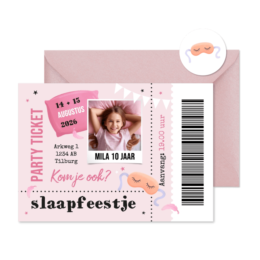 Slaapfeestje ticket kinderfeestje foto hip trendy - Kaartimpressie