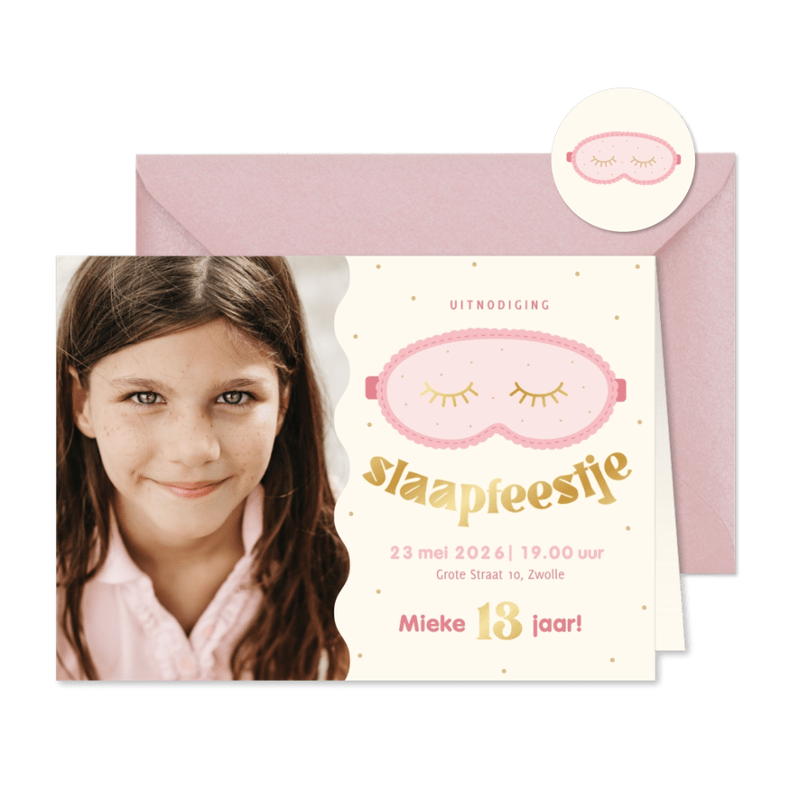 Slaapfeestje uitnodiging met foto en slaapmasker - Kaartimpressie