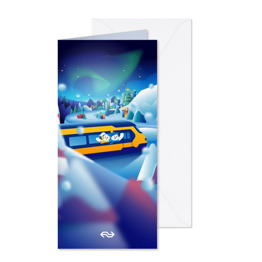 Sneeuwpoppen in trein NS Wintercity kerstkaart - Kaartimpressie