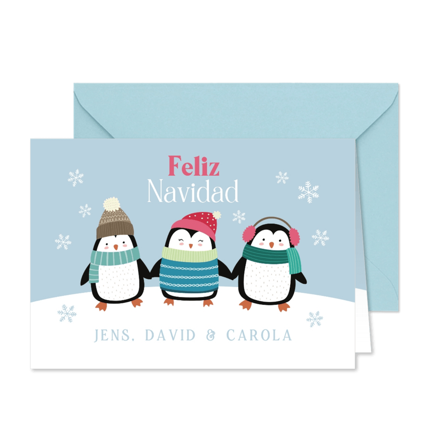 Spaanse kerstkaart met Pinguïns in de sneeuw - Kaartimpressie