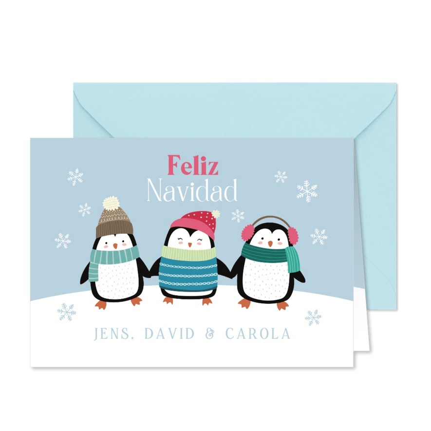 Spaanse kerstkaart met Pinguïns in de sneeuw - Kaartimpressie