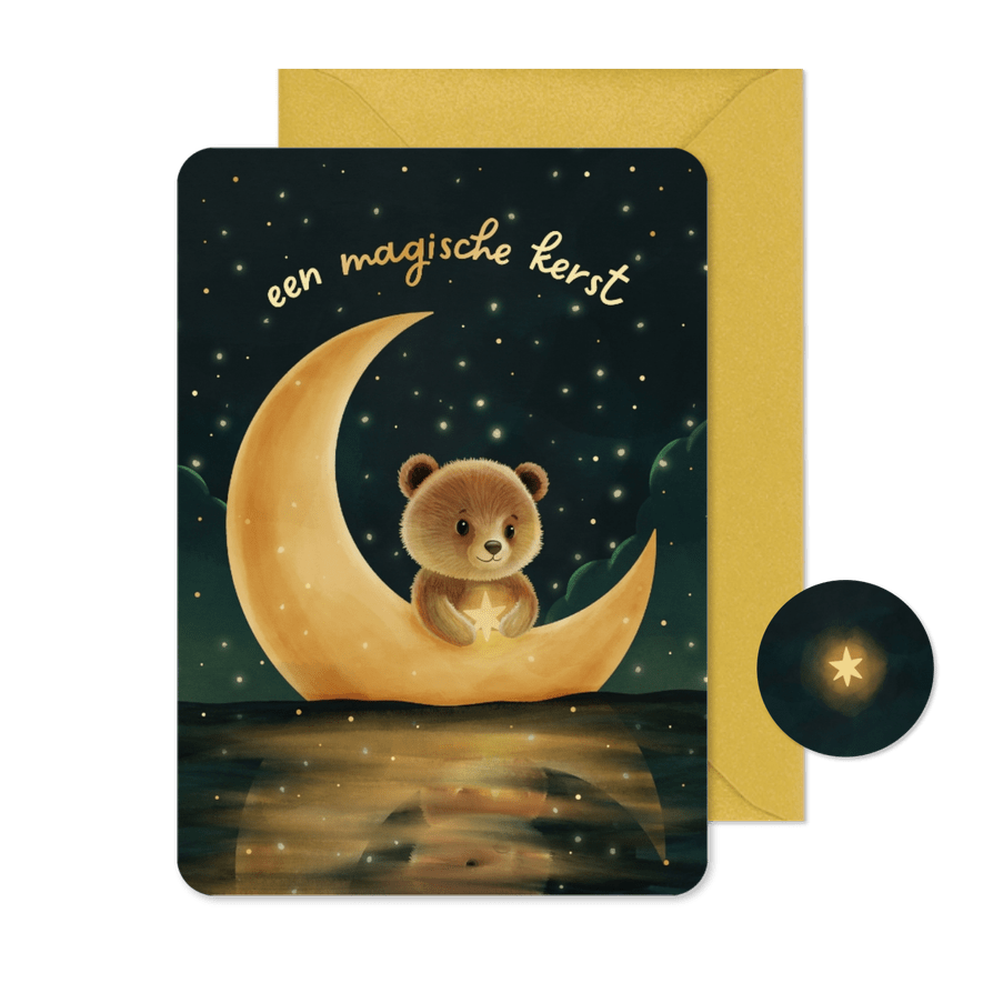 Sprankelend kerstkaartje beer met maan ster magische kerst - Kaartimpressie