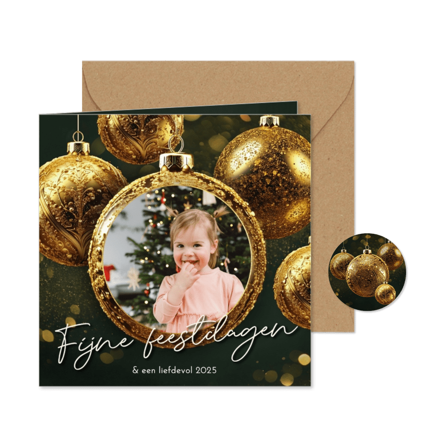 Sprankelend kerstkaartje groen gouden kerstballen foto - Kaartimpressie