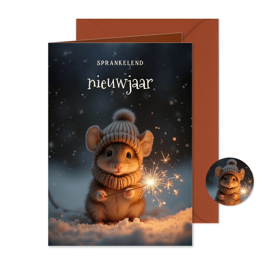 Sprankelend nieuwjaarskaartje met schattig muisje - Kaartimpressie