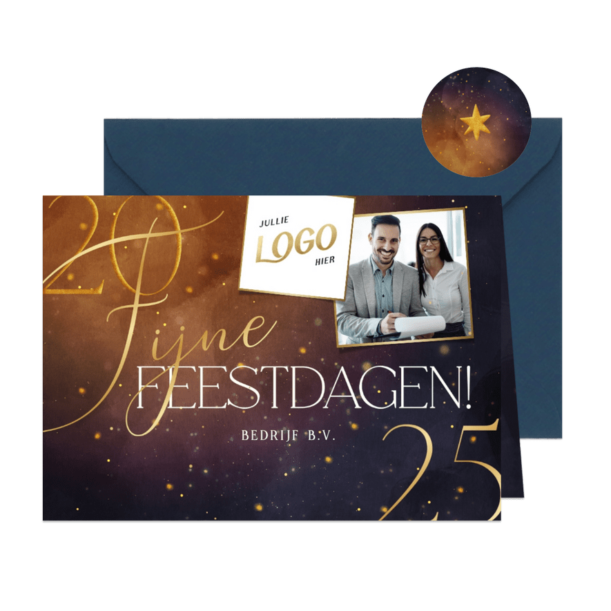 Sprankelende kerstkaart 2025 met foto en logo - Kaartimpressie