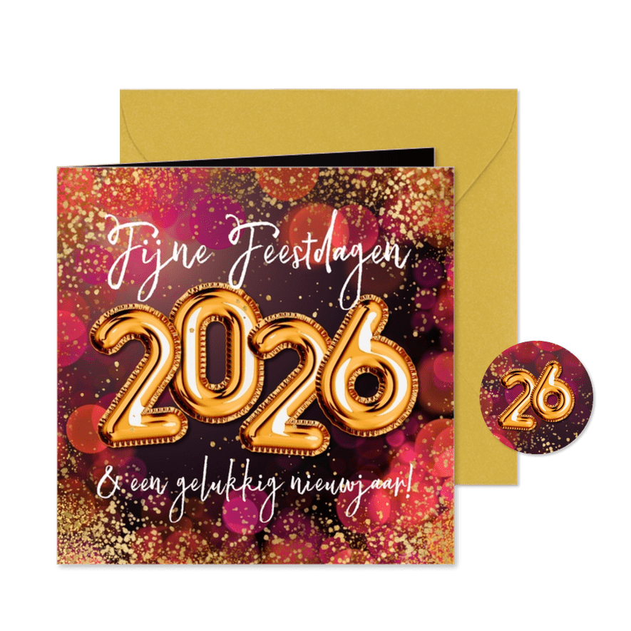 Sprankelende kerstkaart 2026 cijferballon origineel goud - Kaartimpressie