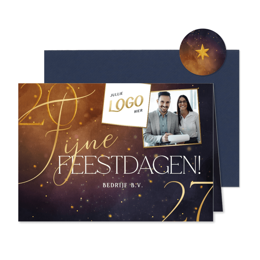 Sprankelende kerstkaart 2027 met foto en logo - Kaartimpressie