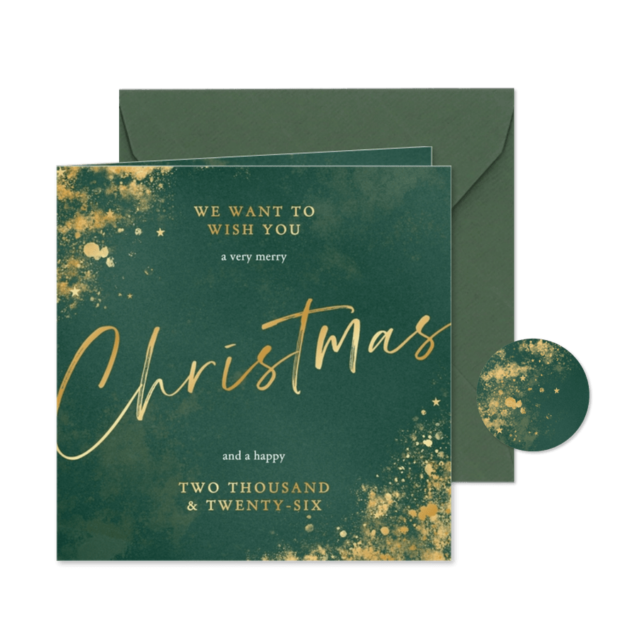 Sprankelende kerstkaart donkergroen met goud christmas - Kaartimpressie