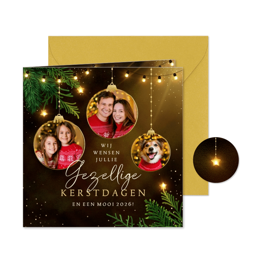 Sprankelende kerstkaart fotocollage kerstballen en lichtjes - Kaartimpressie