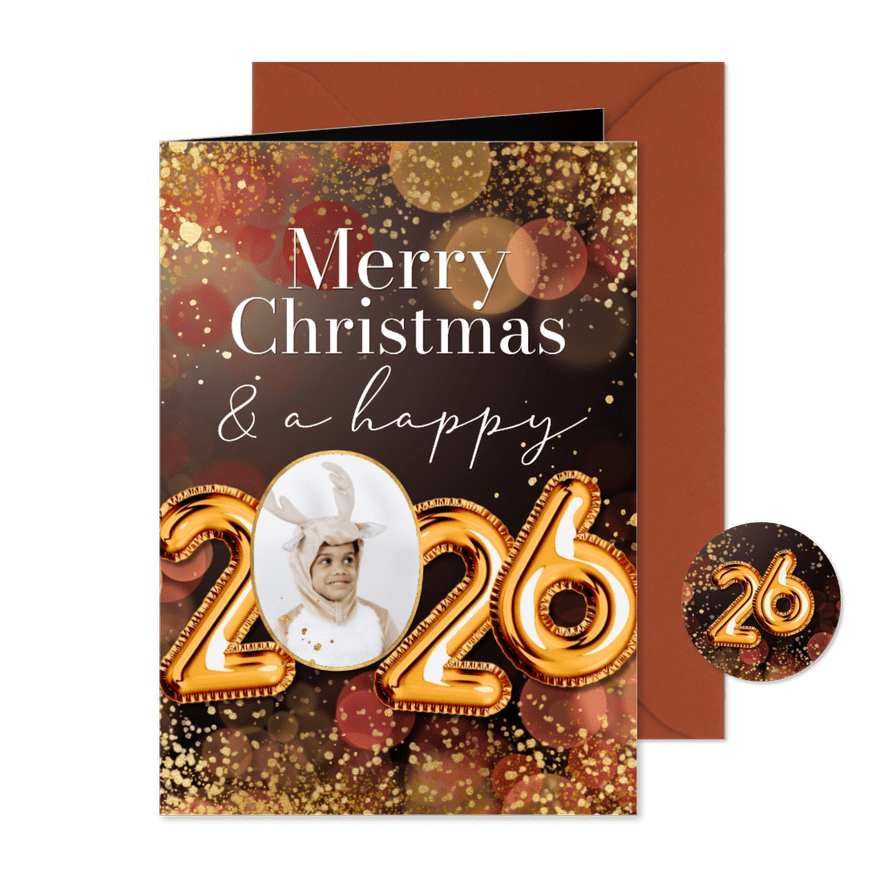 Sprankelende kerstkaart jaartal ballonnen goud confetti goud - Kaartimpressie