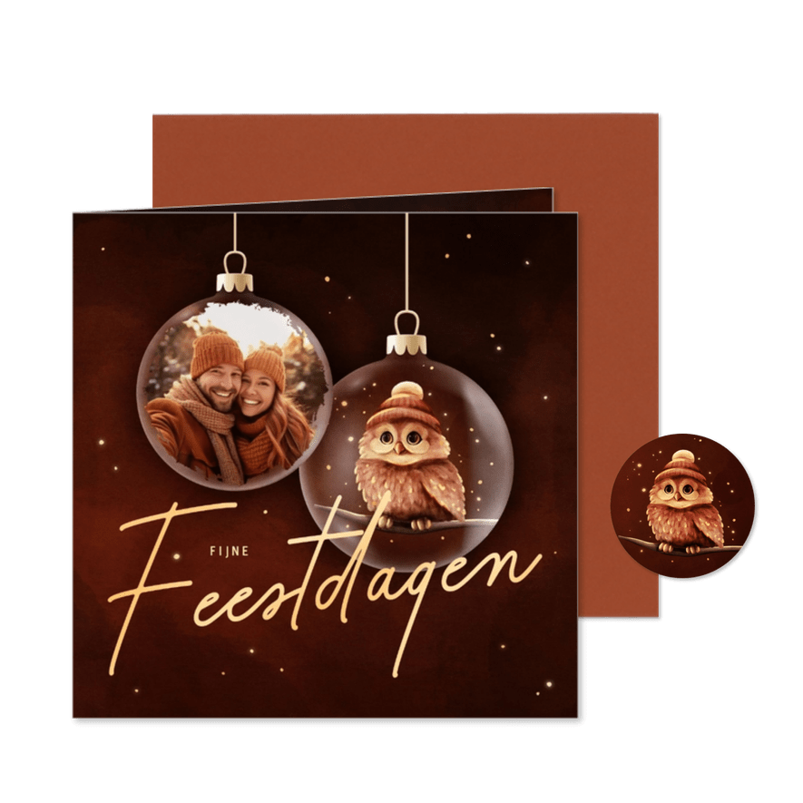 Sprankelende kerstkaart kerstballen met foto en uil op takje - Kaartimpressie