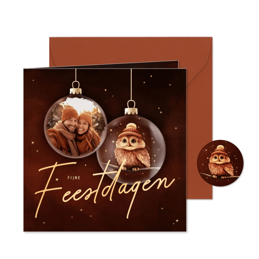 Sprankelende kerstkaart kerstballen met foto en uil op takje - Kaartimpressie