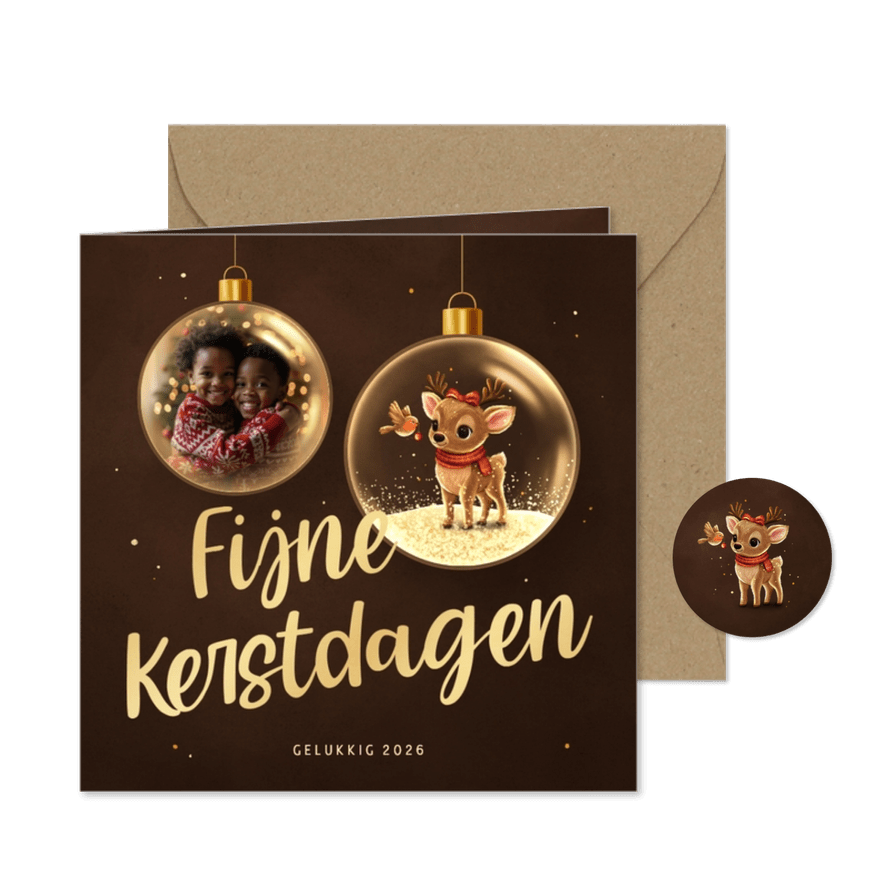 Sprankelende kerstkaart lief hertje en foto in kerstbal - Kaartimpressie