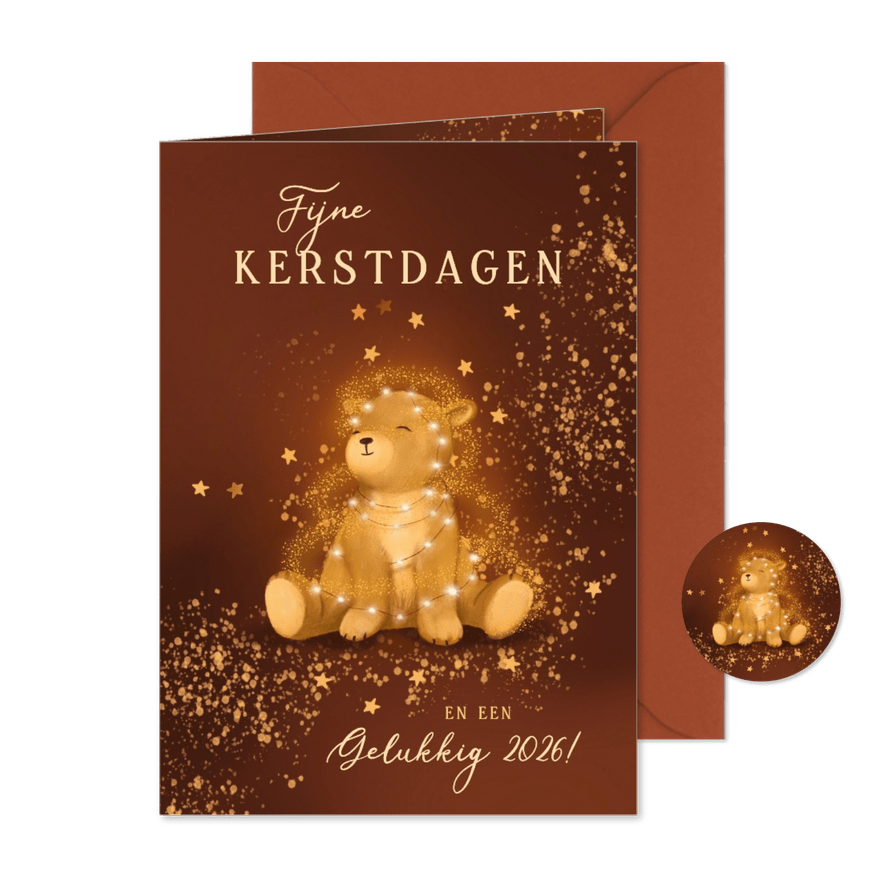 Sprankelende kerstkaart met beertje en lampjes - Kaartimpressie