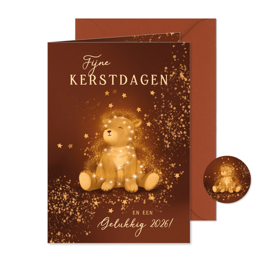 Sprankelende kerstkaart met beertje en lampjes - Kaartimpressie
