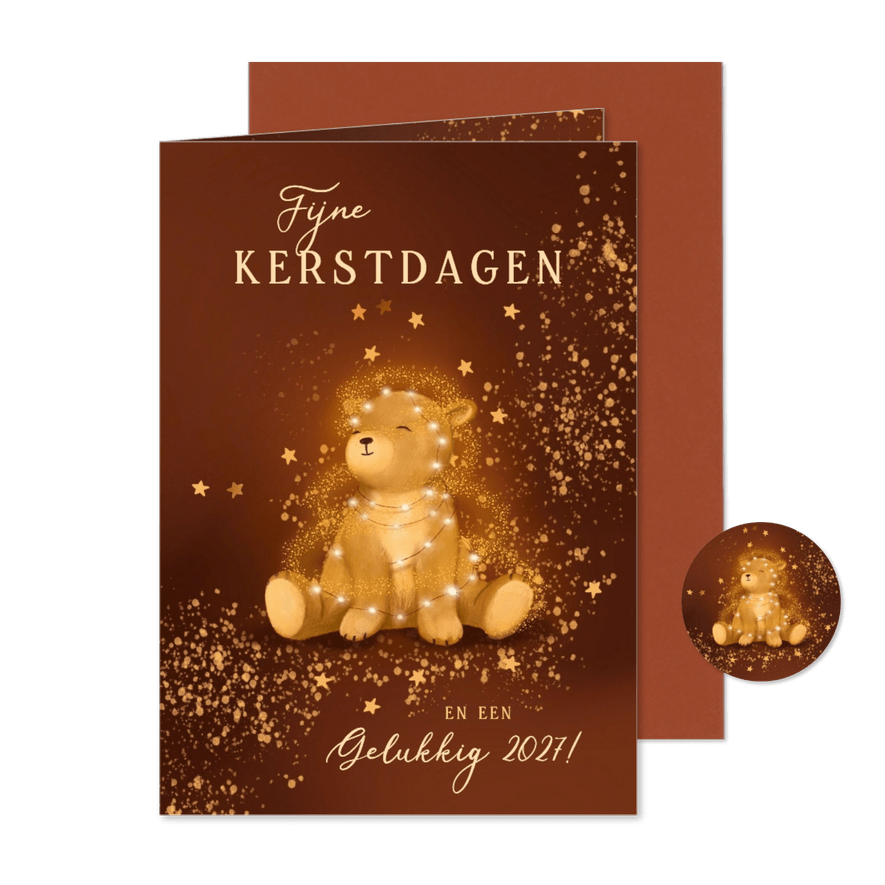 Sprankelende kerstkaart met beertje en lampjes - Kaartimpressie