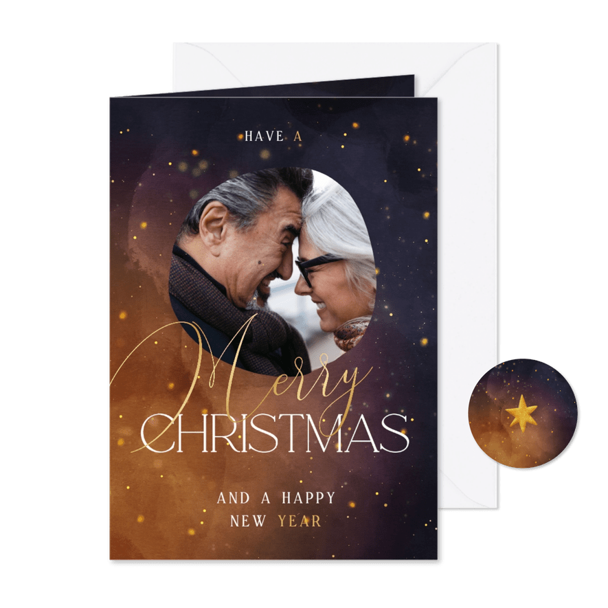 Sprankelende kerstkaart met foto en goudaccenten - Kaartimpressie