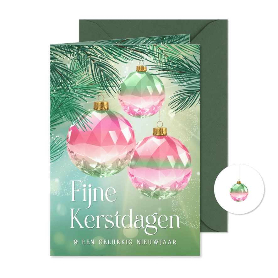 Sprankelende kerstkaart met gekleurde kristallen kerstballen - Kaartimpressie
