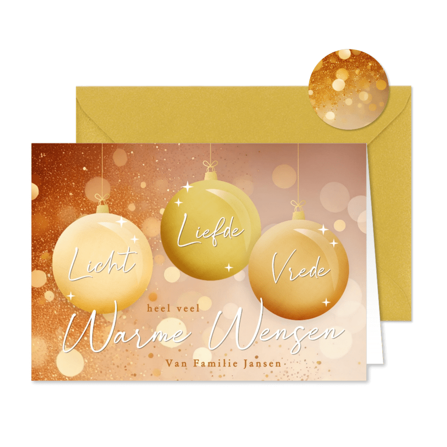 Sprankelende kerstkaart met kerstballen licht liefde vrede - Kaartimpressie