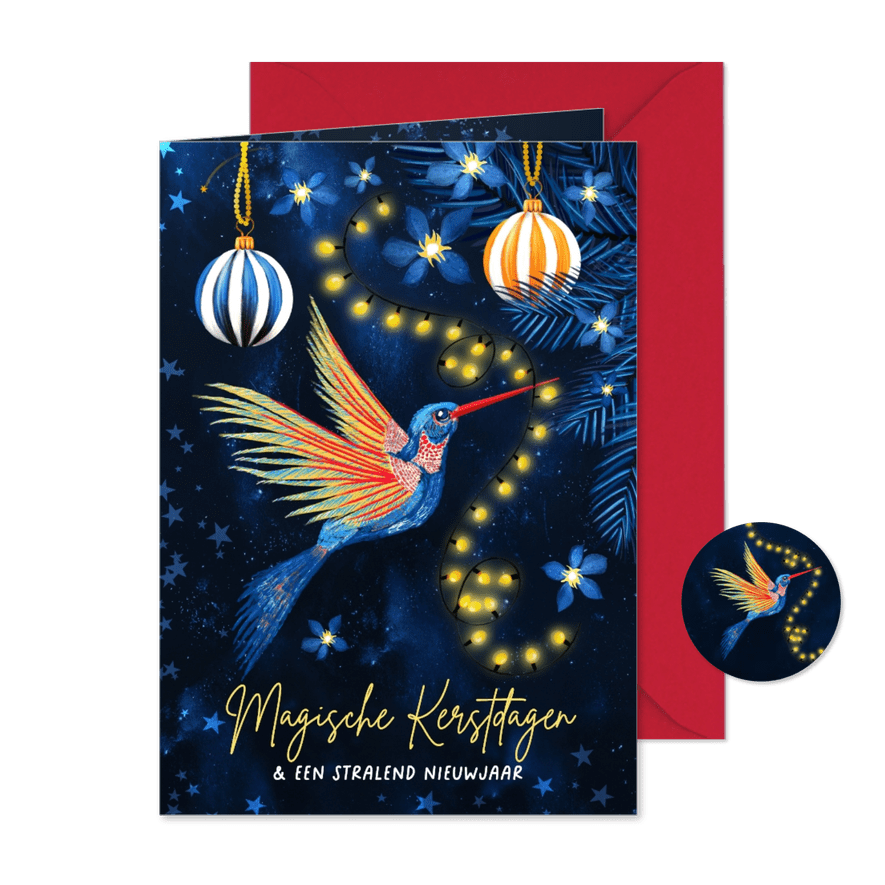 Sprankelende kerstkaart met kolibri en lichtjes - Kaartimpressie