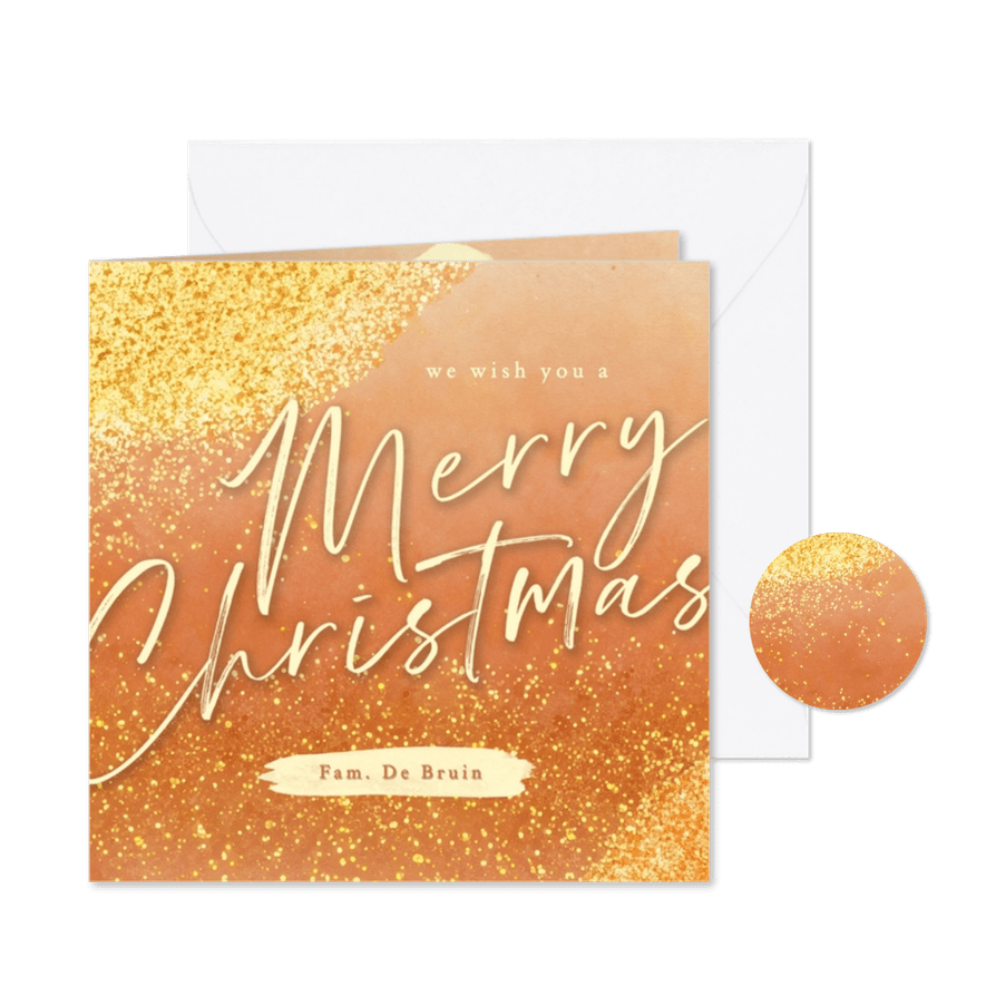 Sprankelende kerstkaart oranje met gouden glitters - Kaartimpressie