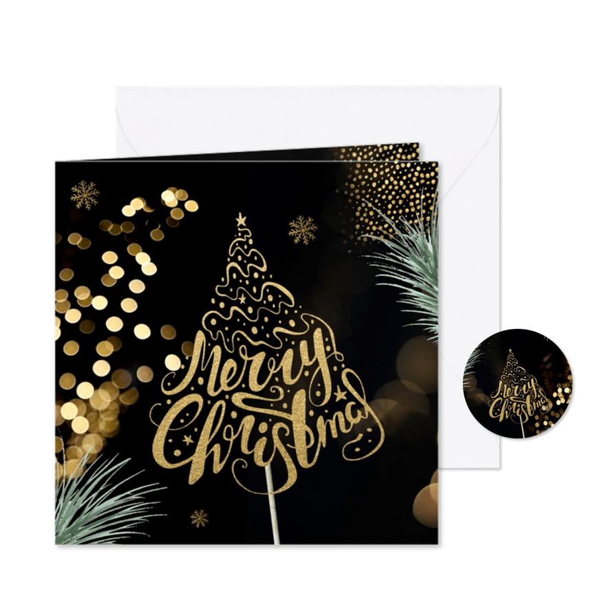 Sprankelende kerstkaart takjes en goudlichtjes - Kaartimpressie