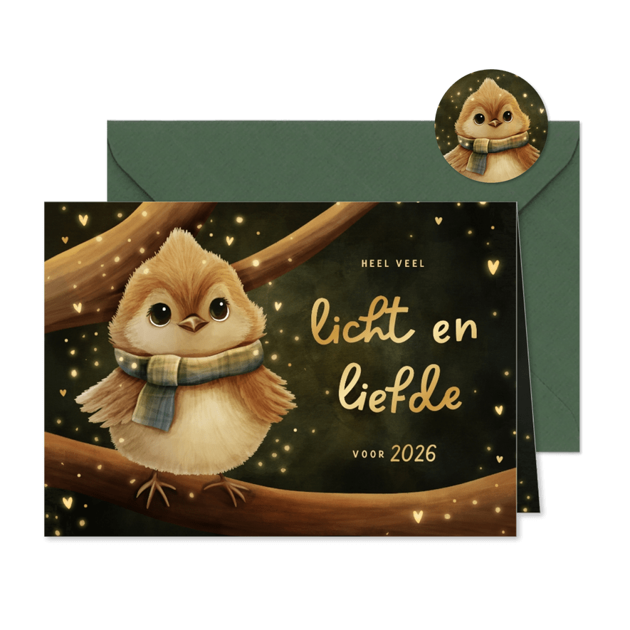 Sprankelende kerstkaart vogeltje licht en liefde voor 2026 - Kaartimpressie
