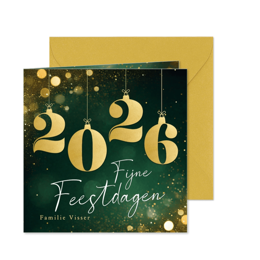 Sprankelende kerstkaartjes groen met gouden kerstballen 2026 - Kaartimpressie