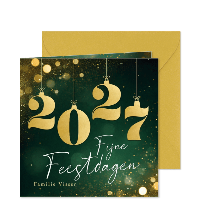 Sprankelende kerstkaartjes groen met gouden kerstballen 2027 - Kaartimpressie