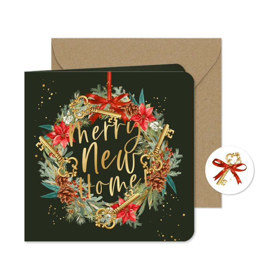 Sprankelende kerstverhuiskaart kerstkrans botanisch goud - Kaartimpressie