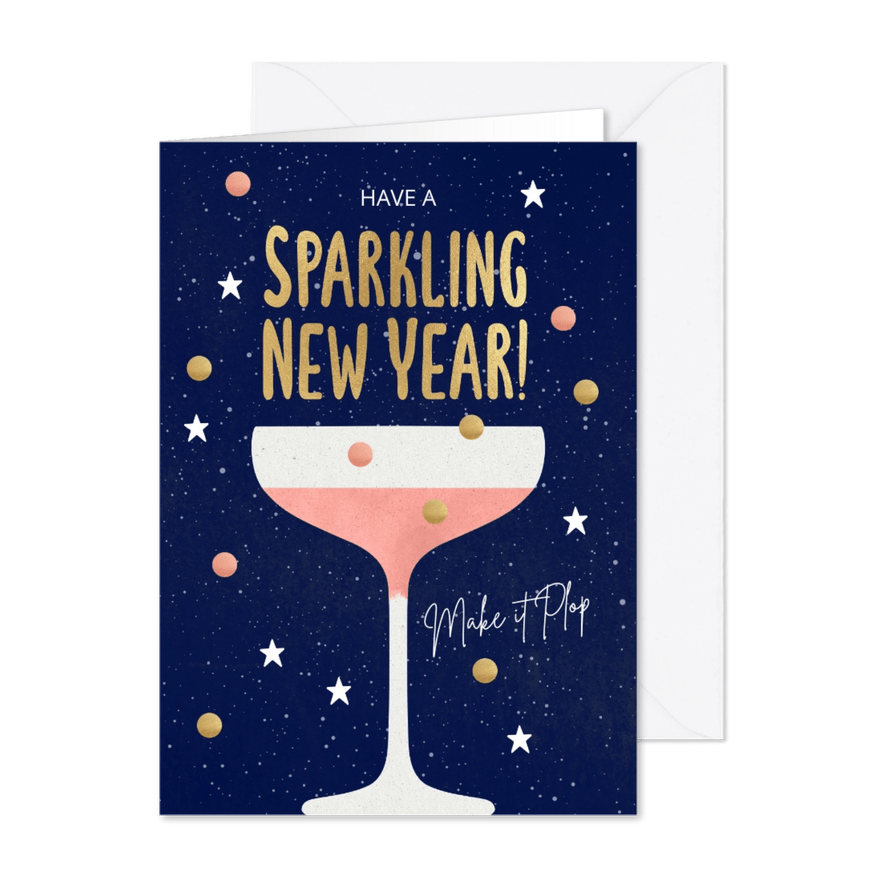 Sprankelende nieuwjaarskaart Champagneglas - Kaartimpressie