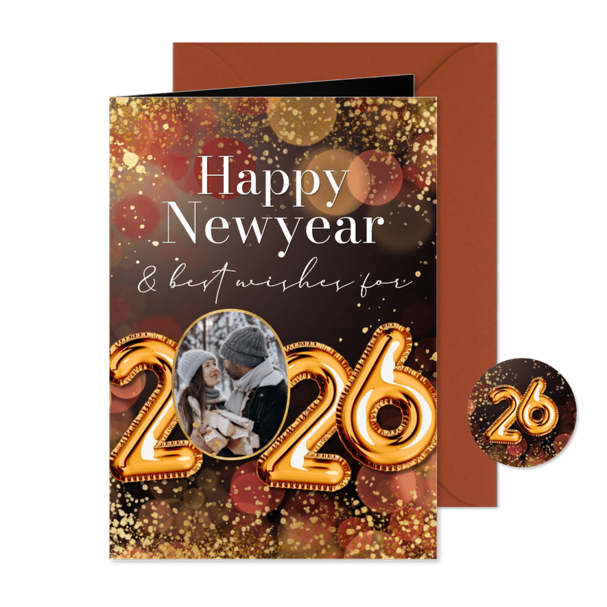 Sprankelende nieuwjaarskaart cijferballon goud confetti foto - Kaartimpressie