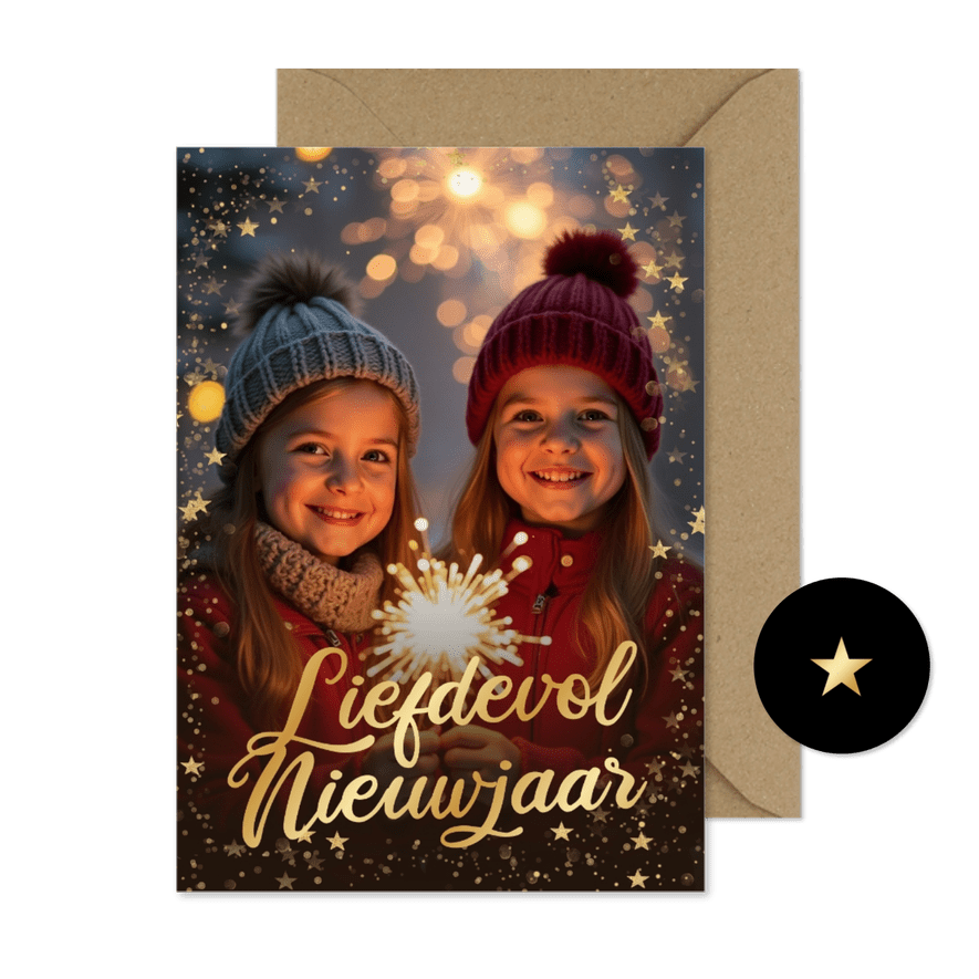 Sprankelende nieuwjaarskaart grote foto liefdevol nieuwjaar - Kaartimpressie