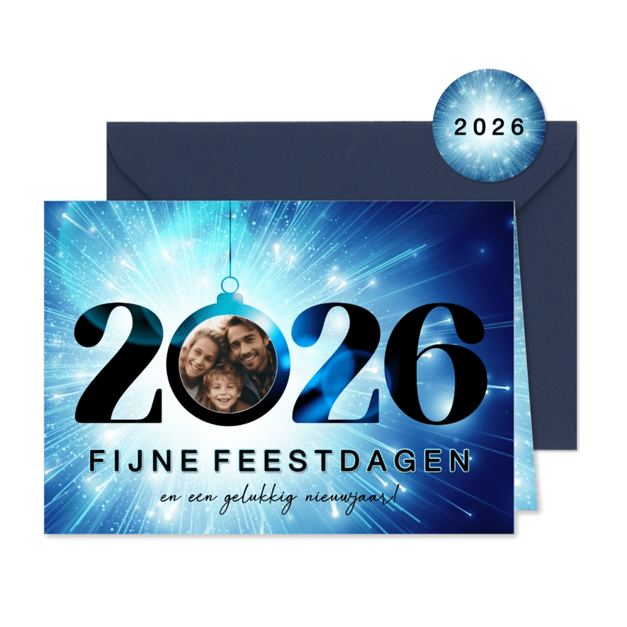 Sprankelende nieuwjaarskaart met felle sterren en foto - Kaartimpressie