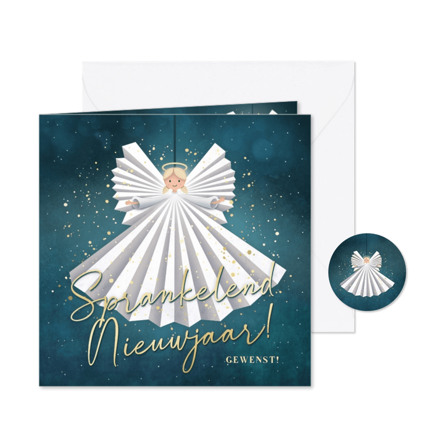 Sprankelende nieuwjaarskaart met lieve engel en glitters - Kaartimpressie