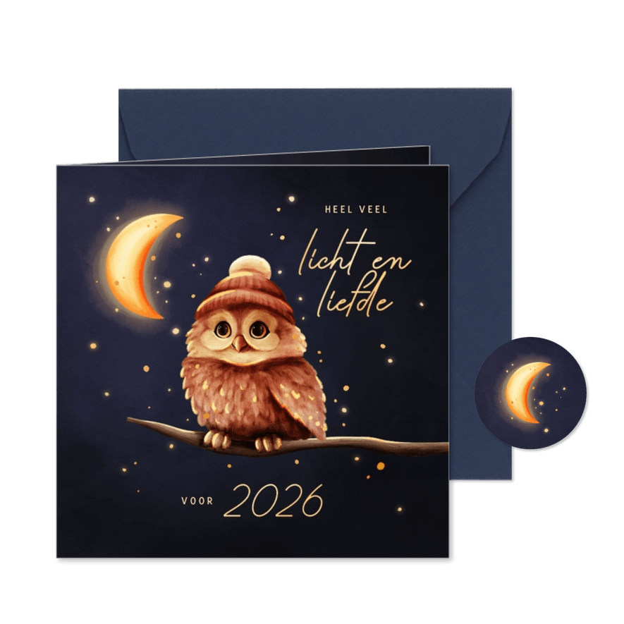 Sprankelende nieuwjaarskaart uil licht en liefde voor 2026 - Kaartimpressie
