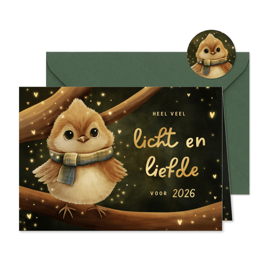 Sprankelende nieuwjaarskaart vogeltje licht en liefde - Kaartimpressie