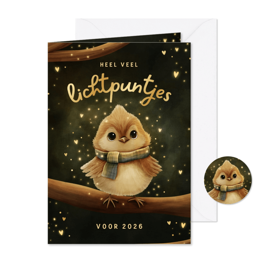 Sprankelende nieuwjaarskaart vogeltje lichtpuntjes voor jou - Kaartimpressie