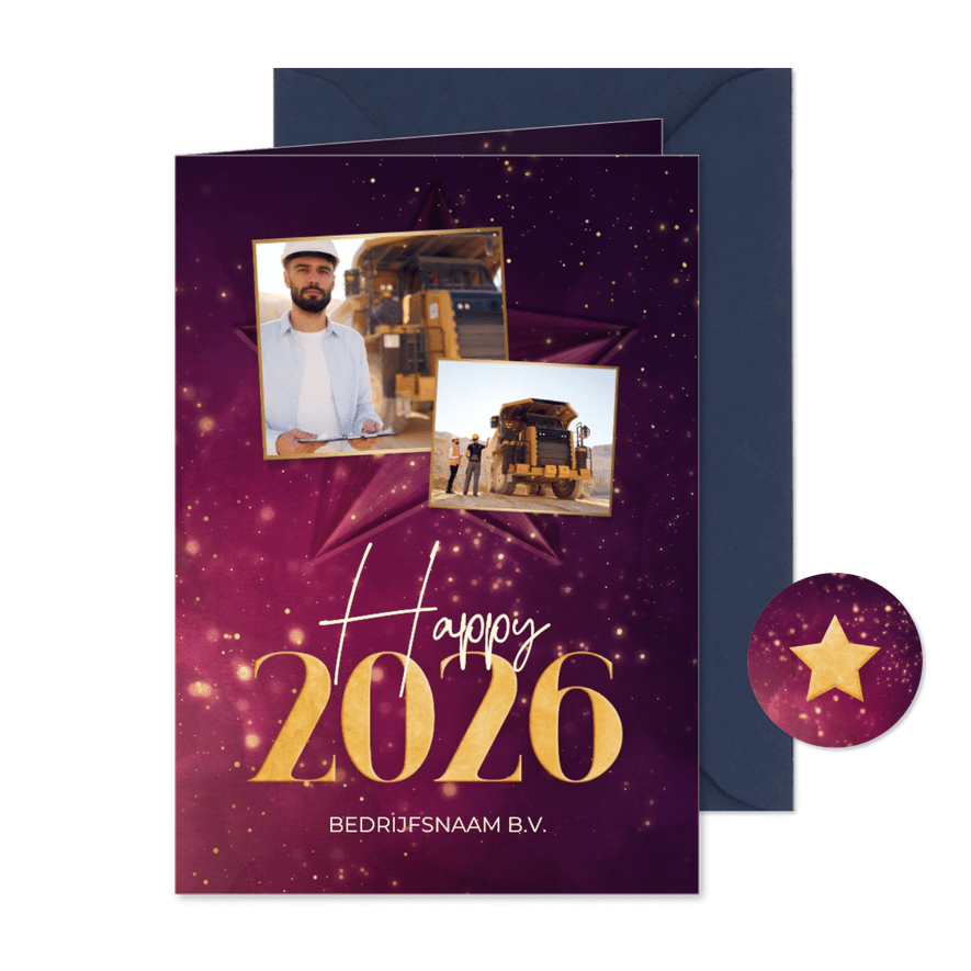 Sprankelende zakelijke kerstkaart paars gouden 2026 met ster - Kaartimpressie