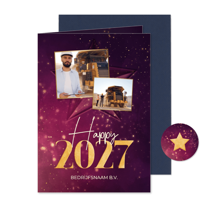 Sprankelende zakelijke kerstkaart paars gouden 2027 met ster - Kaartimpressie