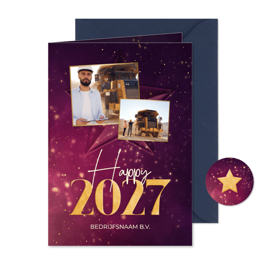 Sprankelende zakelijke kerstkaart paars gouden 2027 met ster - Kaartimpressie