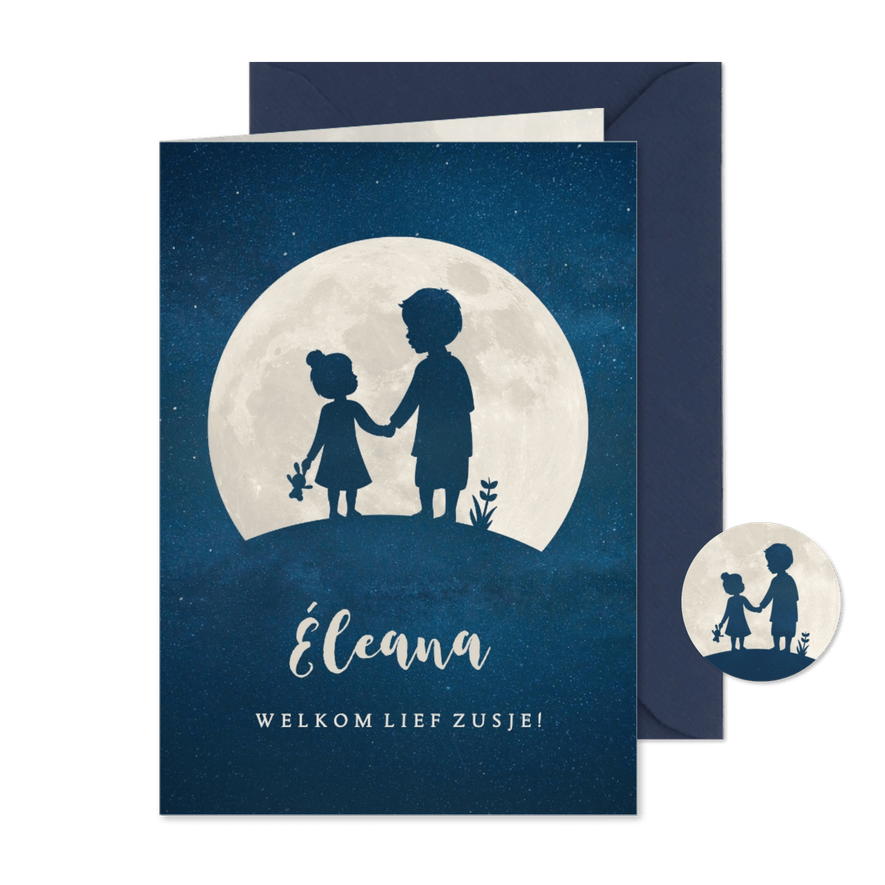 Staand geboortekaartje maan met silhouet van zusje en broer - Kaartimpressie