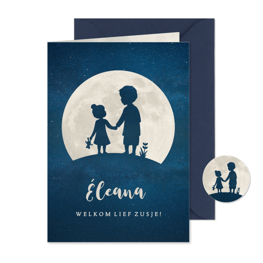 Staand geboortekaartje maan met silhouet van zusje en broer - Kaartimpressie