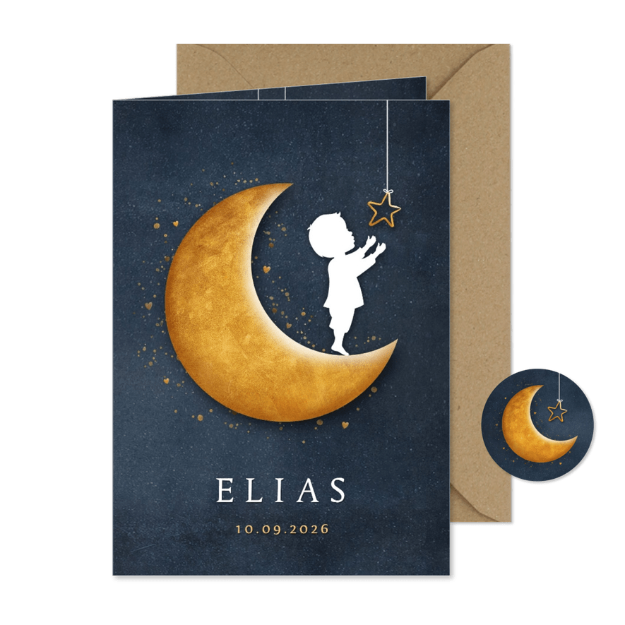 Staand geboortekaartje met een silhouet van jongen op maan - Kaartimpressie