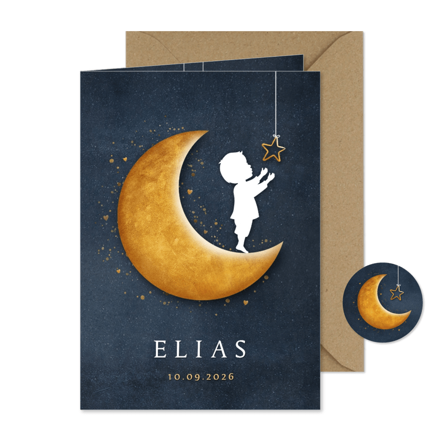 Staand geboortekaartje met een silhouet van jongen op maan - Kaartimpressie