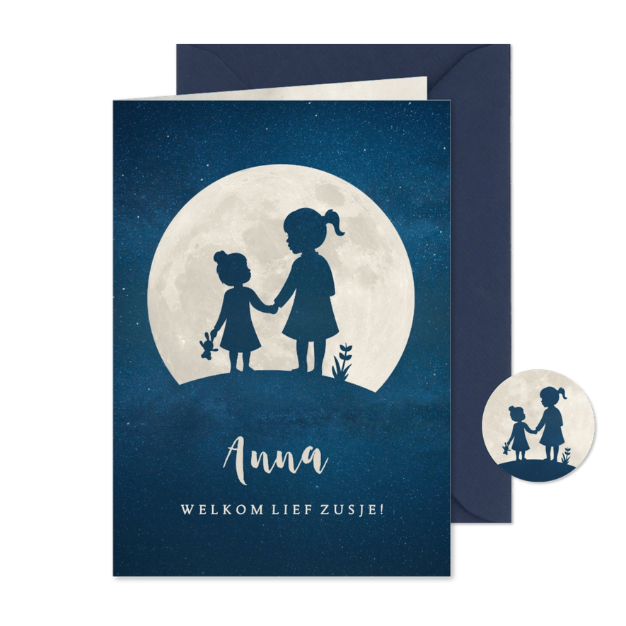 Staand geboortekaartje met silhouet van 2 zusjes in de maan - Kaartimpressie